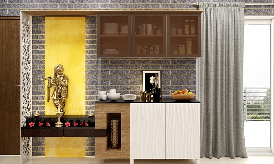 Back painted glass design for pooja room with a subtle back painted glass design