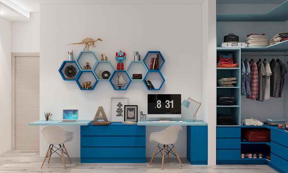 Kids room study desk in blue colour designed for two kids