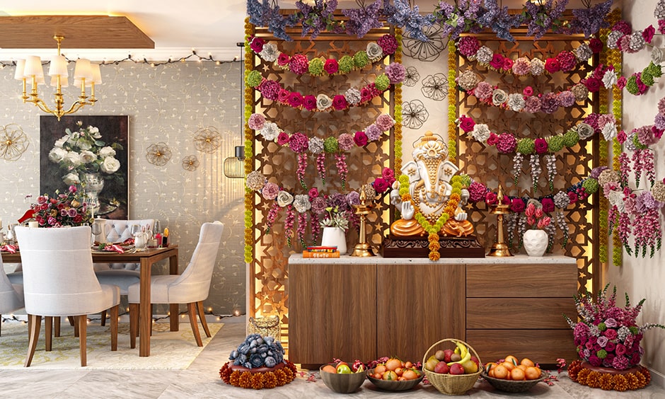 Ganpati mandap decoration 2022 with flowers and fruits for your home