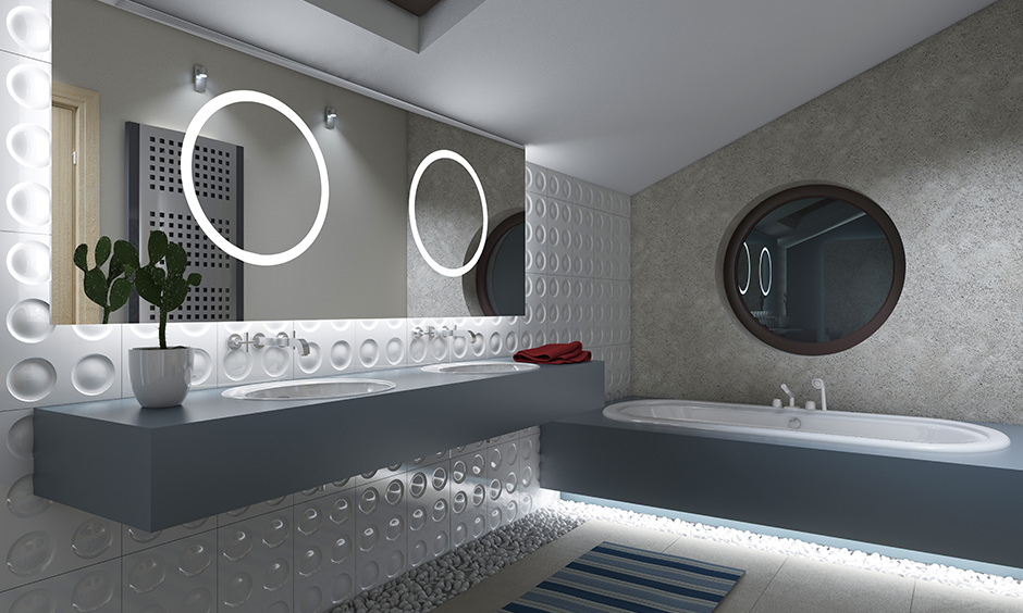 Luxury bathroom tiles with full-length mirror with led strip