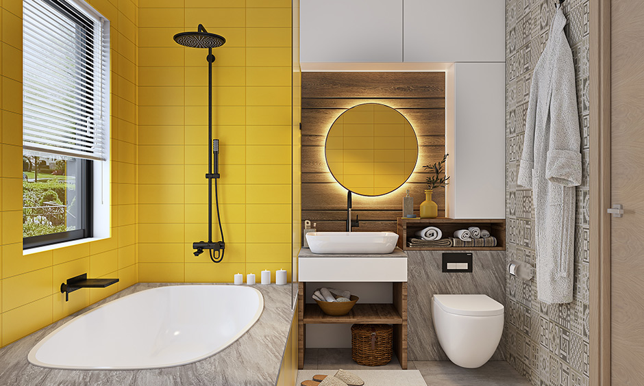 Luxury small modern bathroom features a blend of different walls