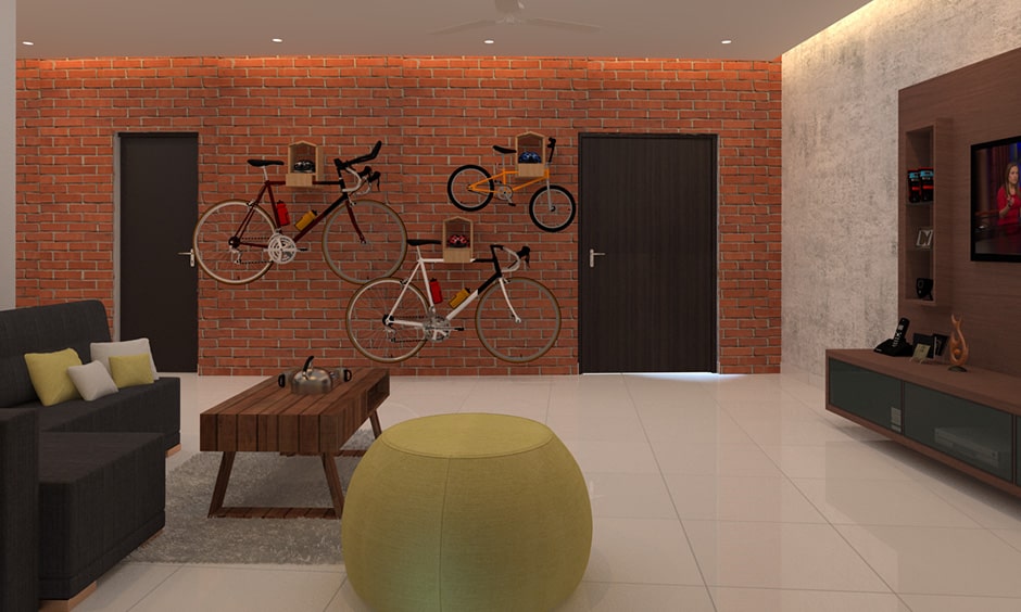 Red brick wall design for your living room and it gives eco-friendly look to your brick wall design