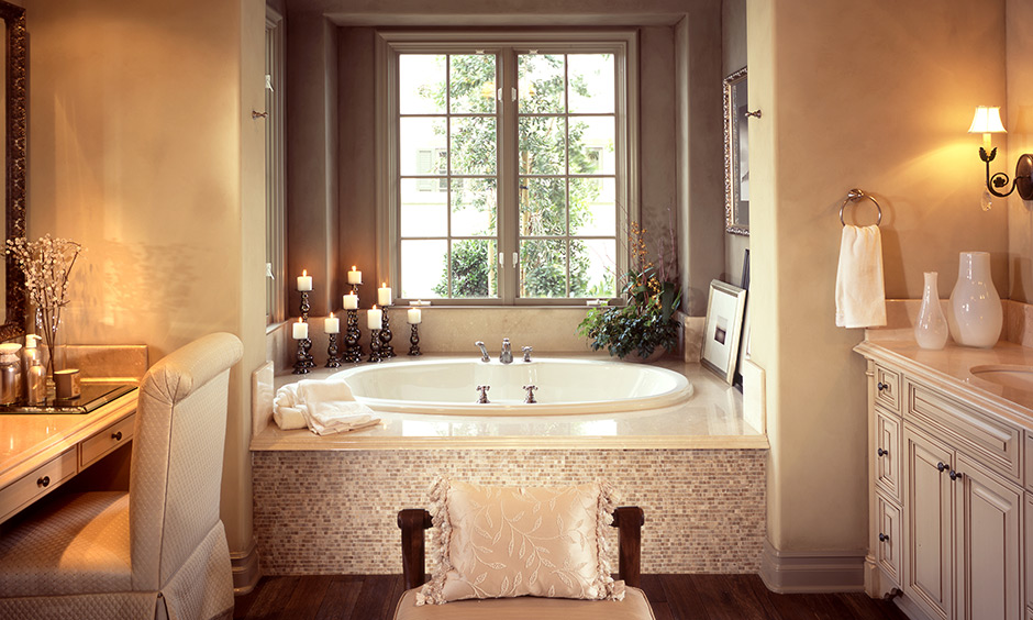 Royal bathroom decorated with scented candles and lavender