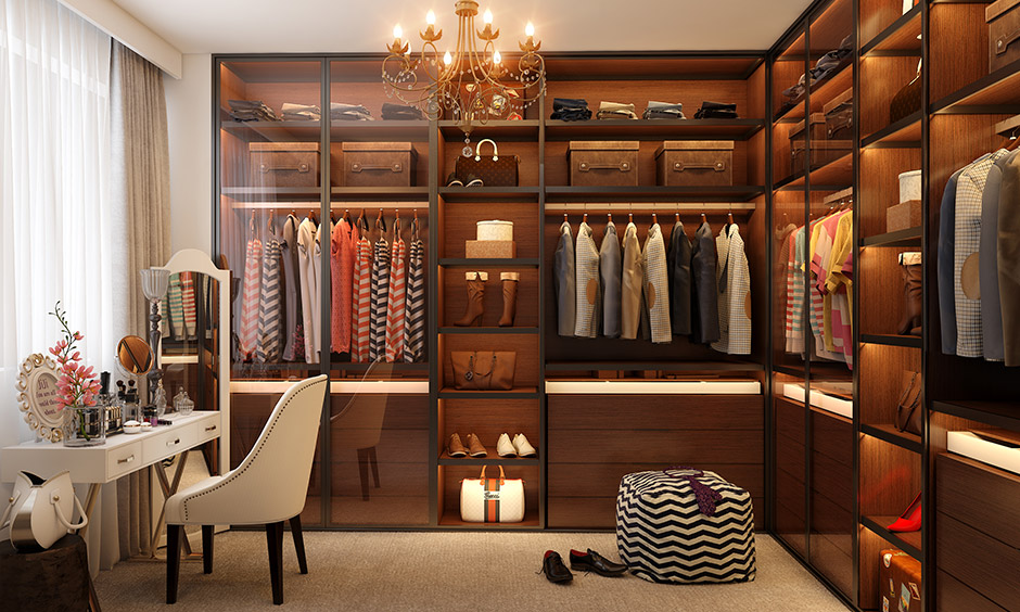 Women's or girls walk-in wardrobe designed with shelves, racks, draw-ups and other relevant storage is perfect.