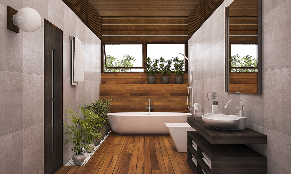 Bathroom interior decoration with wooden panels and plants around brings a rusty touch.