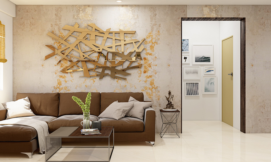 Living room accent wall 3d art in shades of gold and brown create a spectacular effect for the living room wall.