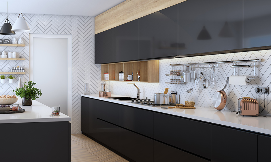 A black coloured modern parallel kitchen designs is one of the best parallel kitchen designs with a glossy finish and elegant look