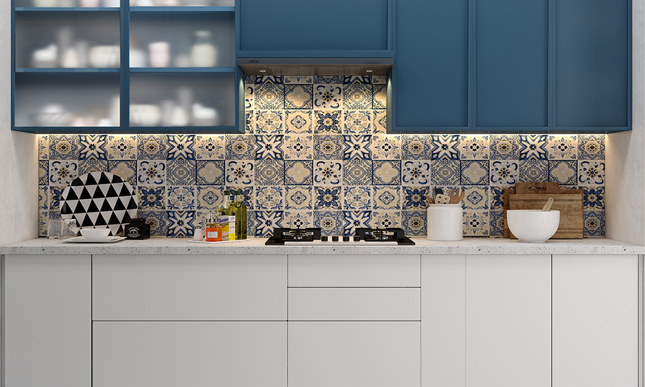 This one wall small kitchen for small house with white & blue laminate cabinets, bohemian backsplash & drawers is elegant