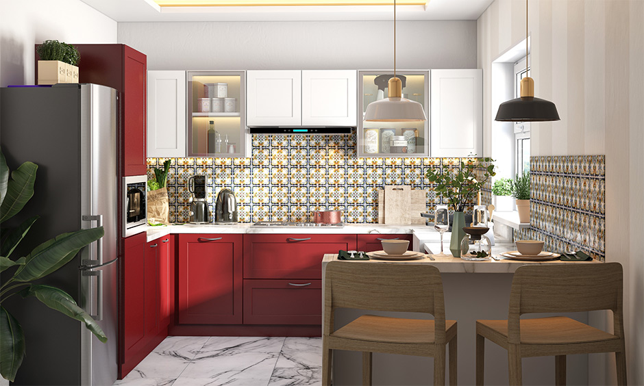 Breakfast bar g shaped kitchen layout drawing with has a tall unit with inbuilt oven space and bottom cabinets