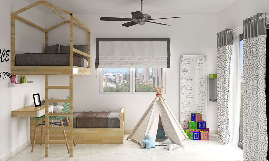 Bedroom decoration with bunk bed made of wood