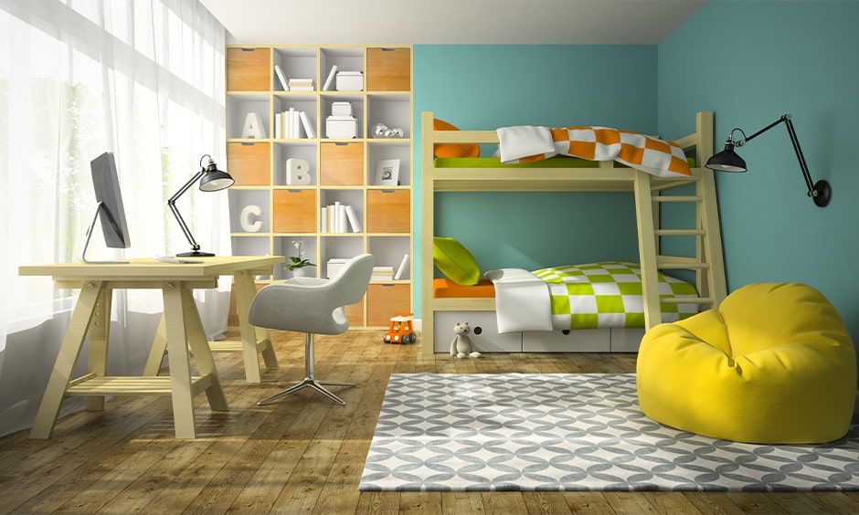 Children's space-saving bunk bed design with timber and blue theme