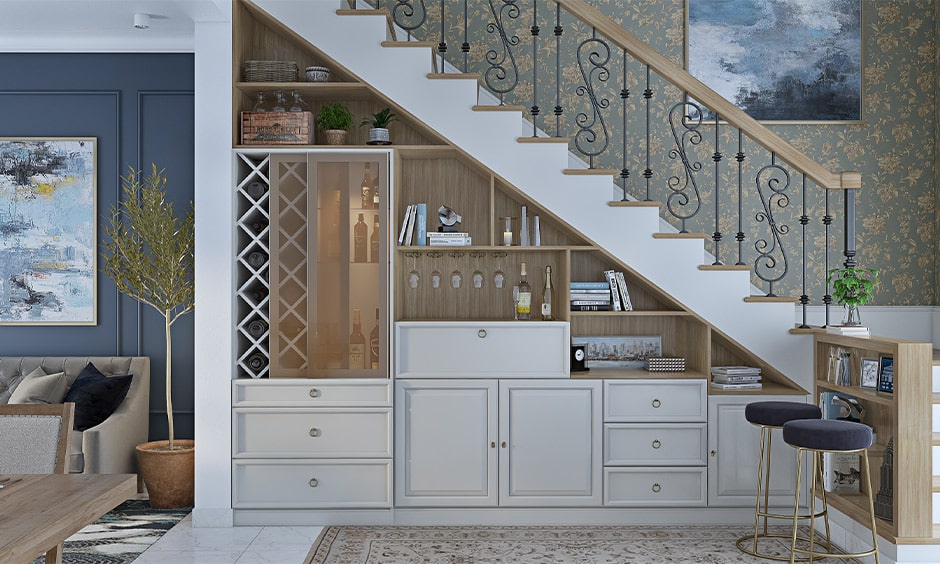 Space saving classic staircase design for small homes with a bar unit