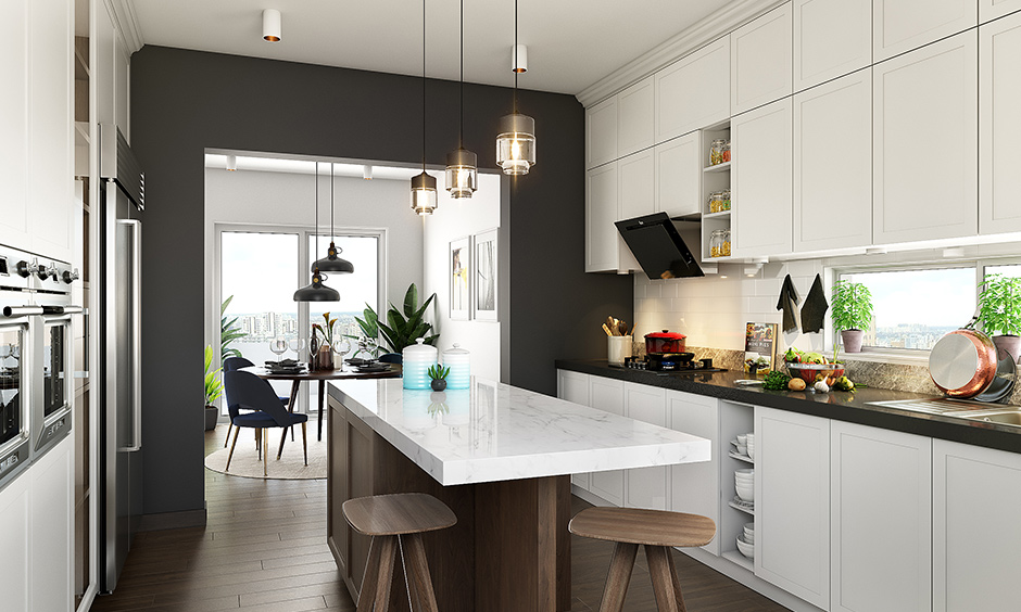 A white coloured spacious kitchen with wooden flooring with a island inside of a classic white parallel kitchen design