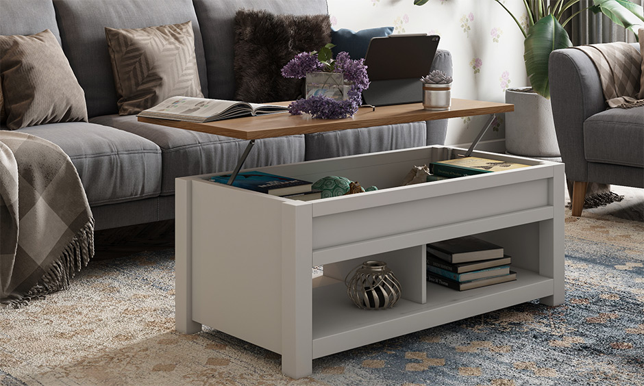 1bhk interior design ideas where the coffee table can be used as a laptop desk & the hidden space to store books.