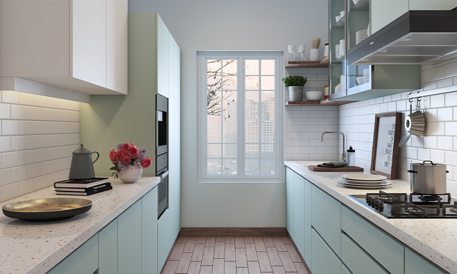 Corner floating shelves over the sink in this parallel kitchen easy to assemble and economical are kitchen wall shelf ideas.