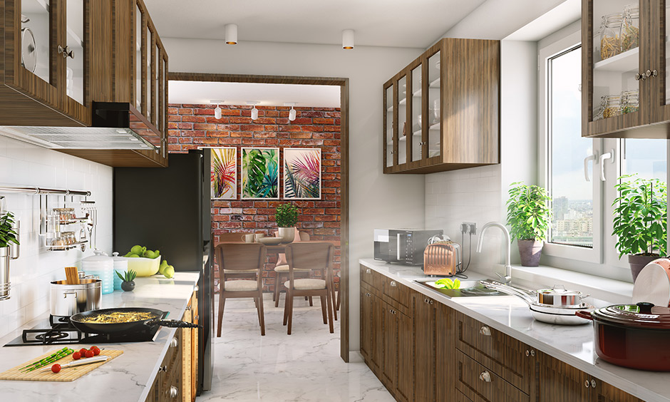 Modern parallel kitchen style designs with a look of old days of parallel modular kitchen designs in india