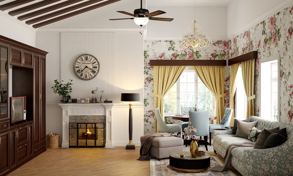 Traditional style living room with floral wallpaper highlights the corner of this living room accent wall cum dining area.