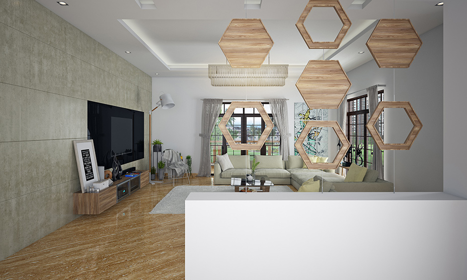 Hall partition design with hexagons shape wood held together by an invisible clear wire in this living room is partition design for hall