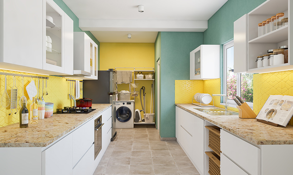 Gourmet interior of a minimalistic kitchen in a parallel shape for parallel kitchen