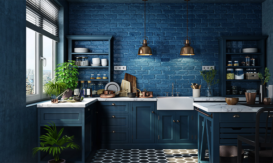 Blue themed kitchen corner wall shelf as primary storage works best for small kitchens.