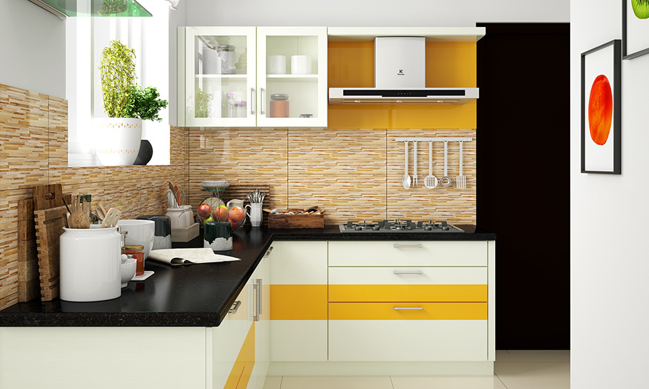 Black granite countertop, beige colour backsplash & cabinets is perfect L-shaped white kitchen design for small space house