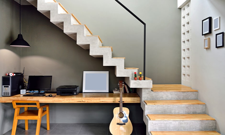 Minimalist corner staircase with study space or home office