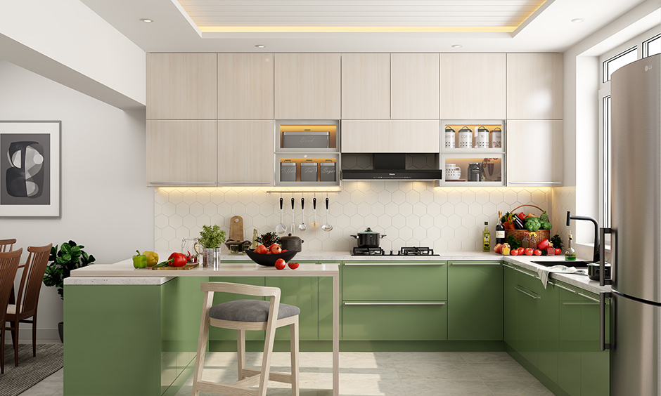 Modern g shaped kitchen with white marble seamless sleep countertop in frosty white