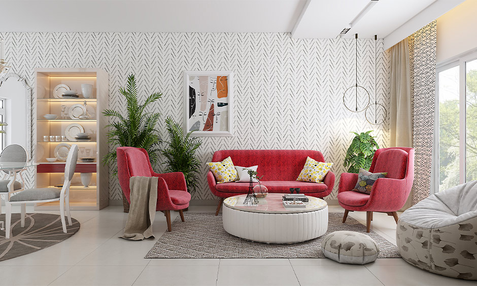 The sofa set in a bright pink colour in the urban style living room is a modern sofa designs for small living room