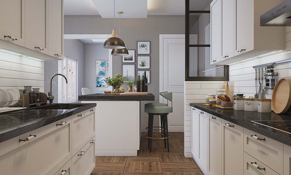 Parallel kitchen design with everything white including the cabinets and shelves of a kitchen island