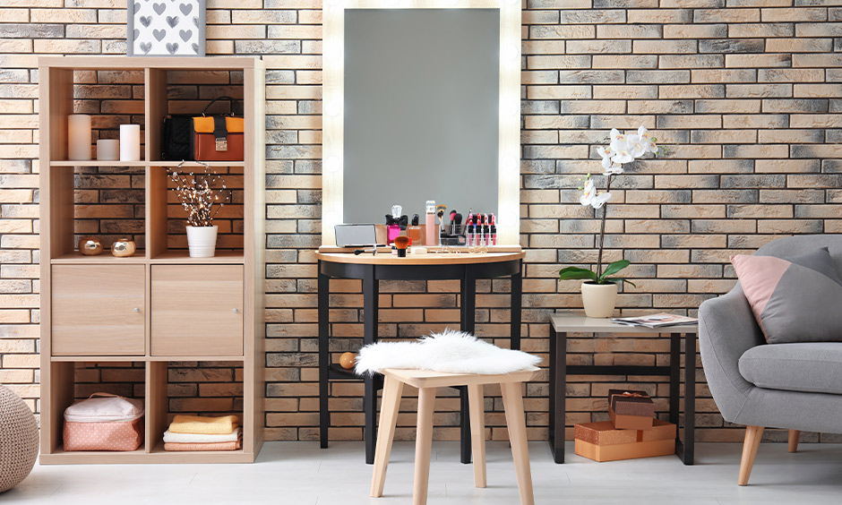 New model wooden dressing table with LED bulbs placed on the mirror frame & wooden stool is super trendy.