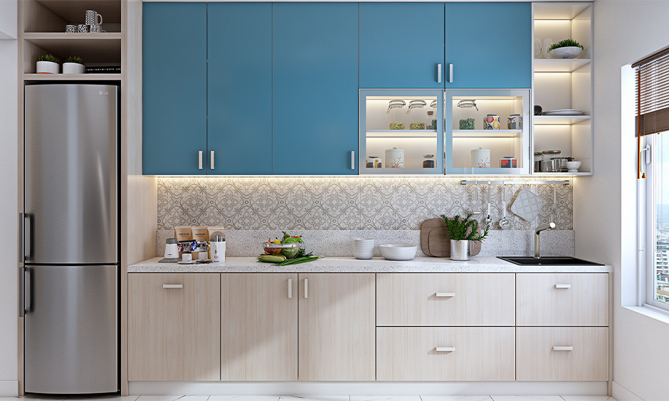 Open boxed wall shelves over the sink in this kitchen are chic and easy to access open shelf kitchen wall cabinet