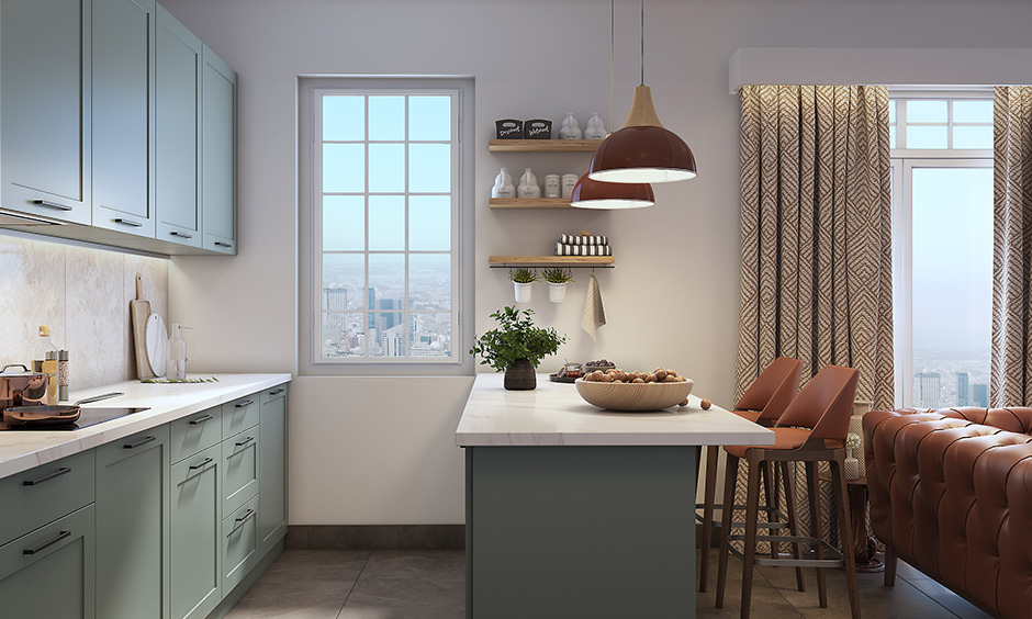 A white coloured parallel kitchen with two kitchens with sink countertop and gas countertop parallel to each other with a large clock hanging on the wall and a glass door of the balcony