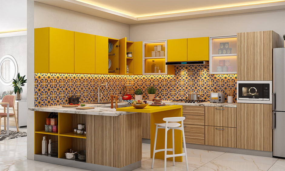 Peninsula small g shaped kitchen layout with overhead cabinets in the popping colour yellow