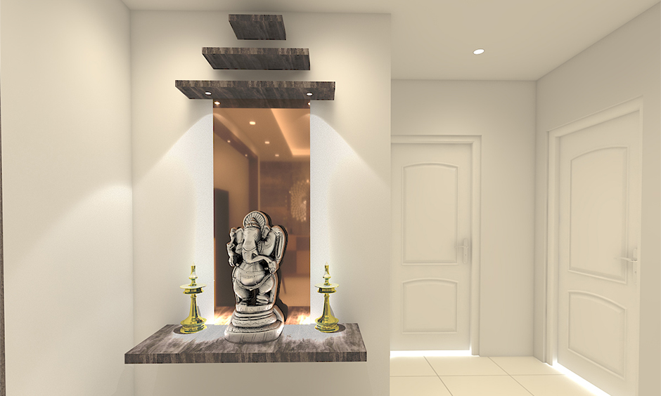 Ideas to decorate pooja room which features floating marble slabs to form the shape of a temple 