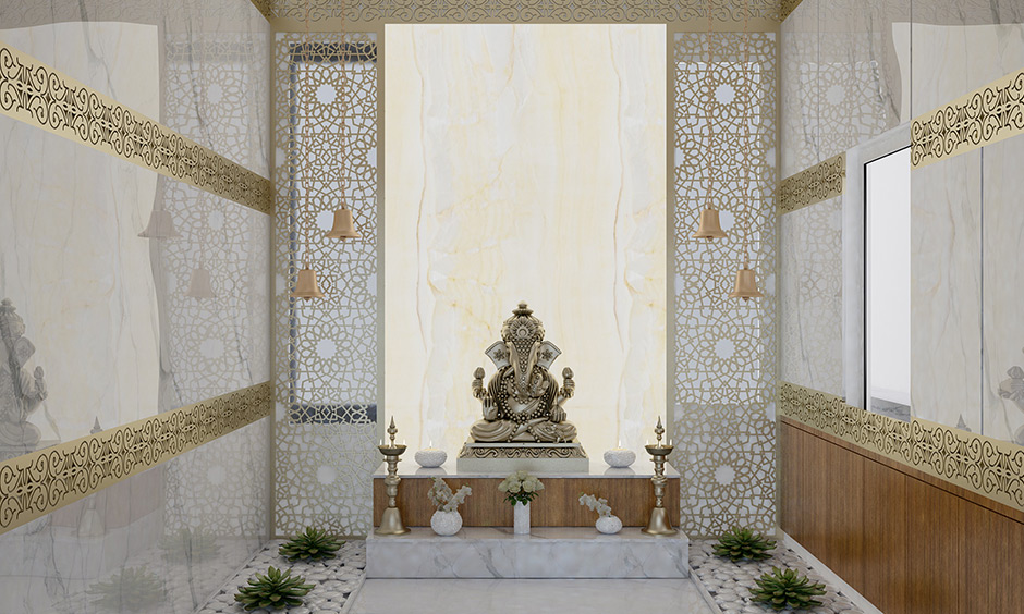 Pooja room decoration ideas with combination of jaalis, marble and onyx stone