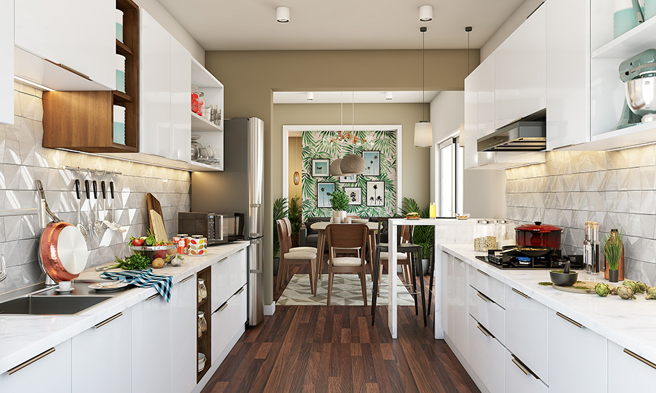 Parallel kitchen design with two white coloured countertops parallel to each other in american style with cherry colour wooden flooring matching with white colour of kitchen cabinets