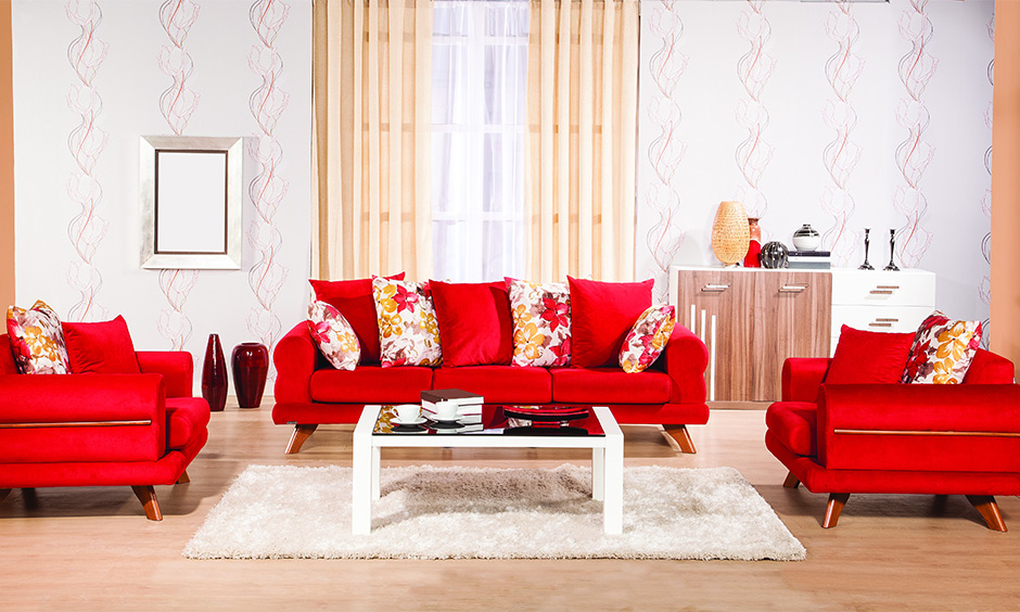 Red lawson sofa set with cushions is a great pick, and it is simple sofa set designs for small living room