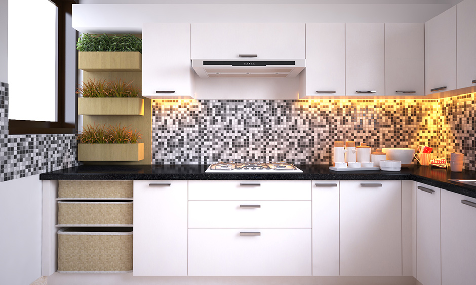 White kitchen with cabinets, vertical garden and mosaic LED-lit backsplash is a simple kitchen design for small house