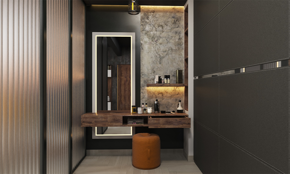 Wooden dressing table designs in dark colour tones with edge-lit mirror