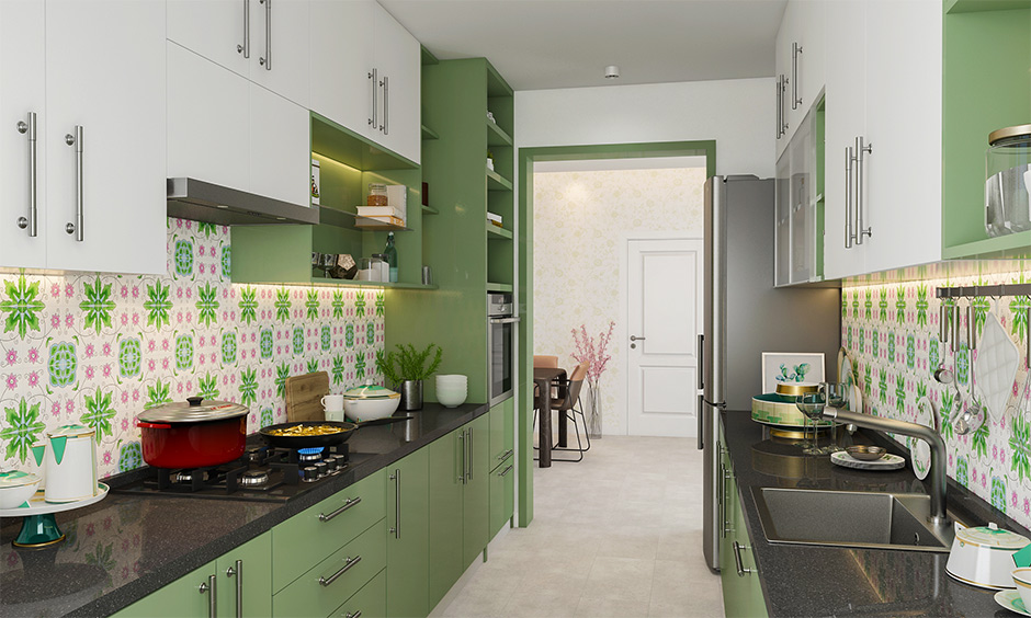 A smart parallel kitchen design with green plants inside the kitchen with very large cabinets attached till the end of the wall