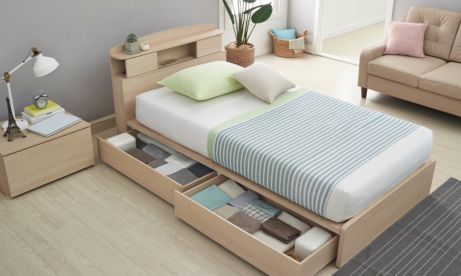 Space saving beds with built-in storage space for small rooms