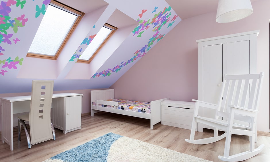 Space-saving single bed for kids bedroom under attic