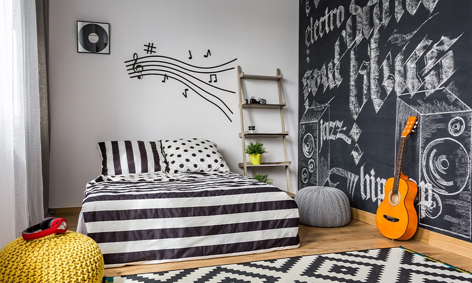 Teenage girls bedroom interior colours with black and white