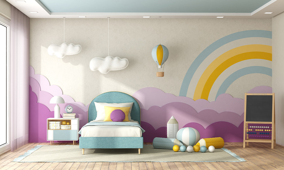 Kid room with rainbow-themed wall and ceiling paint with matt finish look artsy and chic.