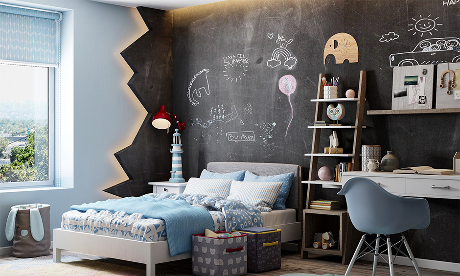 One showpiece wall chalkboard paint for kids room with backlit lighting looks adore with the study table