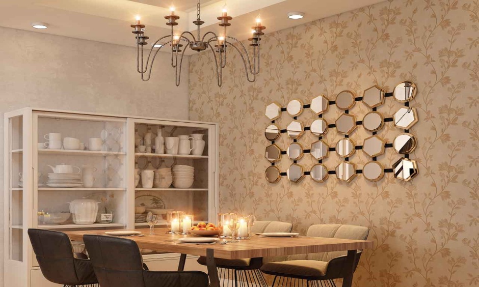 The dining room has a chandelier home ceiling light that blends well with the decor of the dining room.