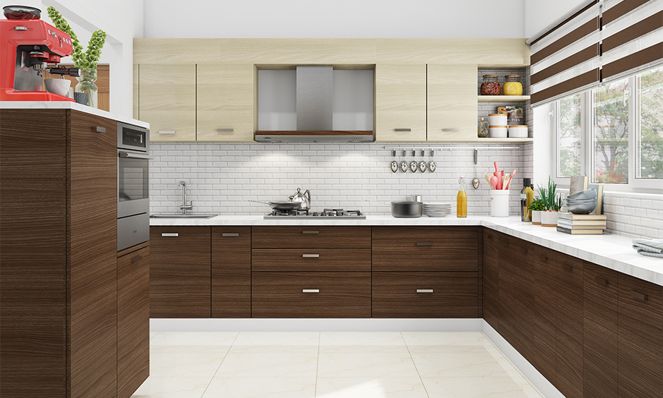 Contemporary kitchen cabinets with white brick backsplash works perfectly for the subtle kitchen 