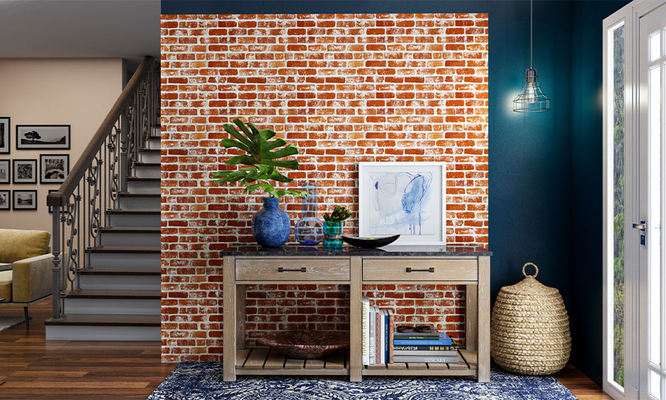 Faux brick-patterned half wallpaper half paint hallway lends an industrial flavour looks luxurious, refreshing and rustic.