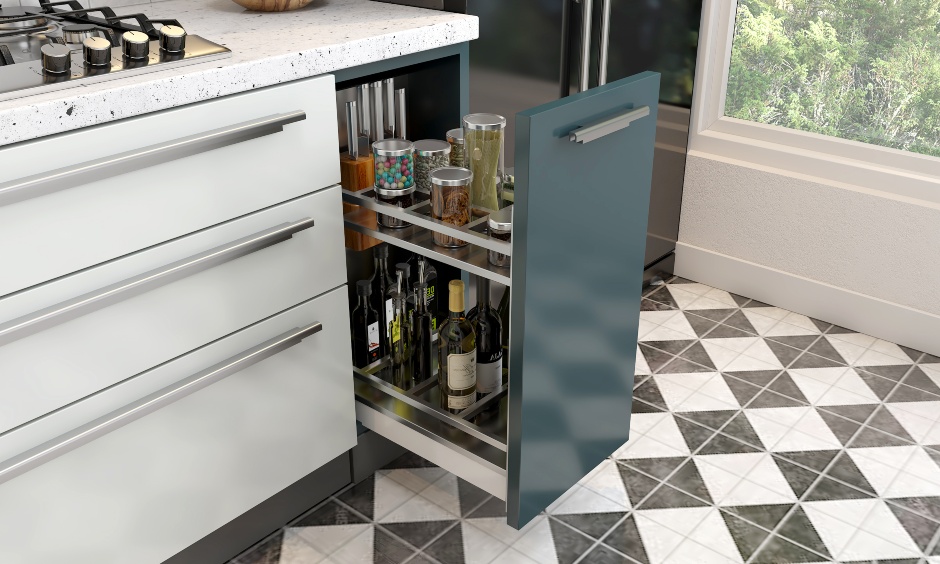 Modular kitchen drawer in vertical style with separators to place the delicate bottles