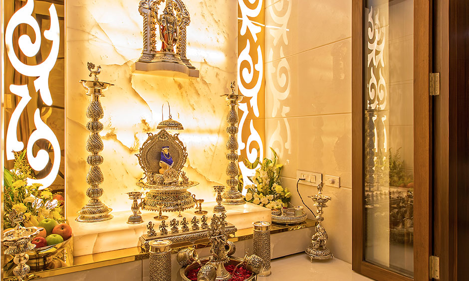 Plain pooja room glass door design photos which lights up space with its abundant gush of light